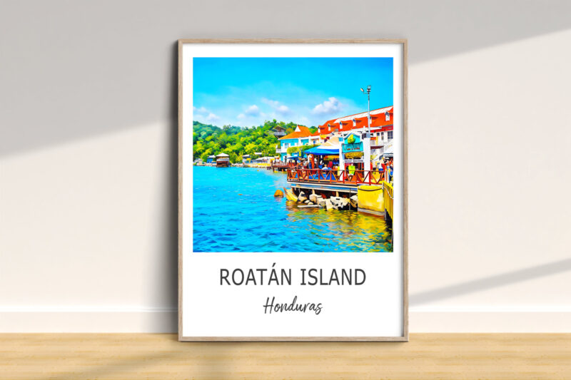 Colorful Roatán Island poster on display wall.