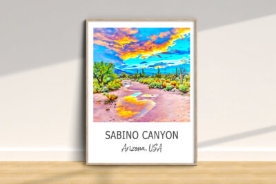 Colorful Sabino Canyon artwork, Arizona landscape, framed print.