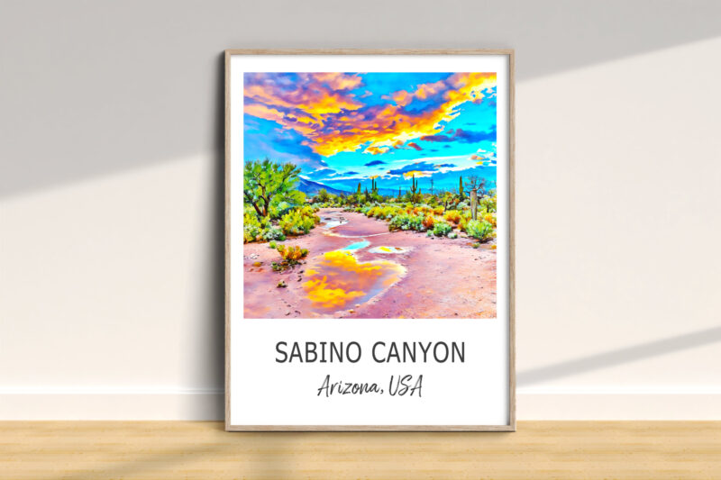 Colorful Sabino Canyon artwork, Arizona landscape, framed print.