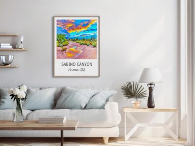 Modern living room with Sabino Canyon artwork.