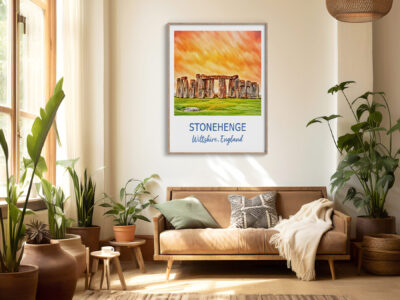 Cozy living room with Stonehenge poster, plants, sofa.