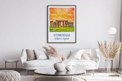 Stonehenge poster in modern living room decor.