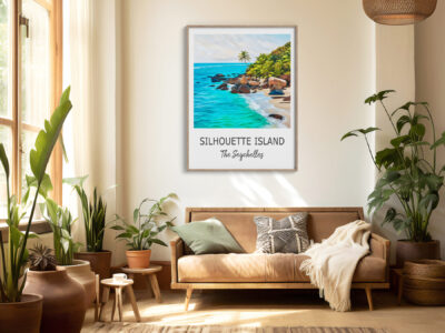 Cozy room with Silhouette Island artwork and plants.