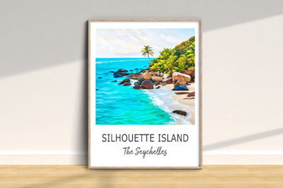 Colorful painting of Silhouette Island beach, Seychelles.