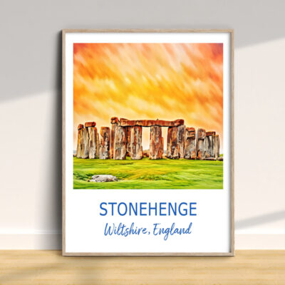 Stonehenge illustration with sunset sky in frame.