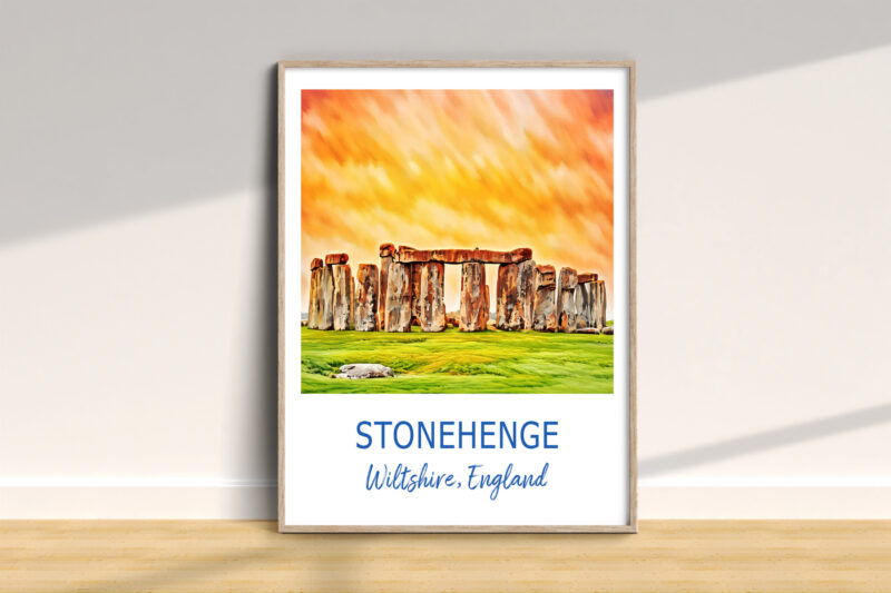 Stonehenge illustration with sunset sky in frame.