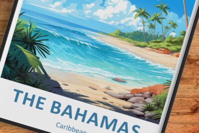 Bahamas beach illustration with palm trees and ocean