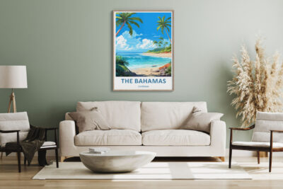 Living room with Bahamas poster on wall