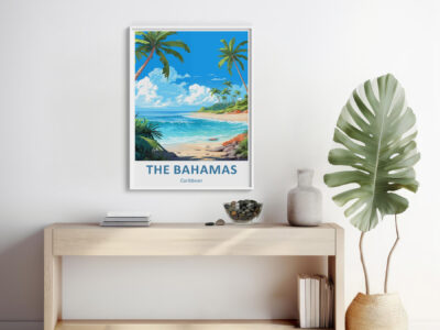 The Bahamas poster on wooden shelf with decor.