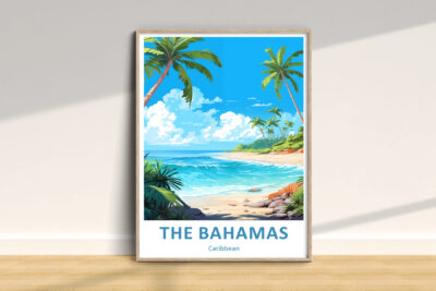 Bahamas poster with beach and palm trees illustration.