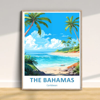 Bahamas poster with beach and palm trees illustration.