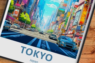 Illustrated Tokyo street bustling with colorful buildings.