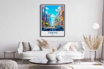 Contemporary living room with Tokyo cityscape artwork.