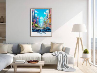Modern living room with Tokyo city poster.
