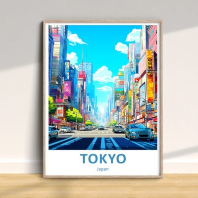 Framed artwork of a vibrant Tokyo cityscape.