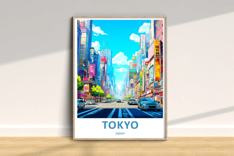 Framed artwork of a vibrant Tokyo cityscape.