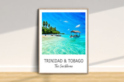 Trinidad beach poster with boat and palm trees