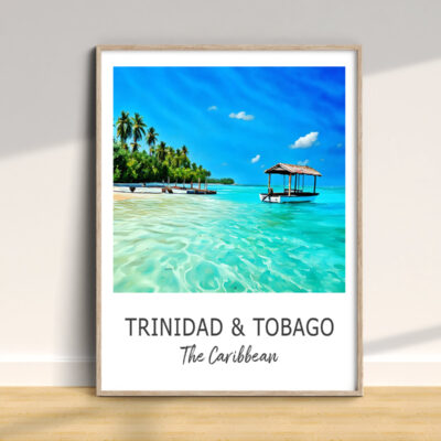 Trinidad beach poster with boat and palm trees