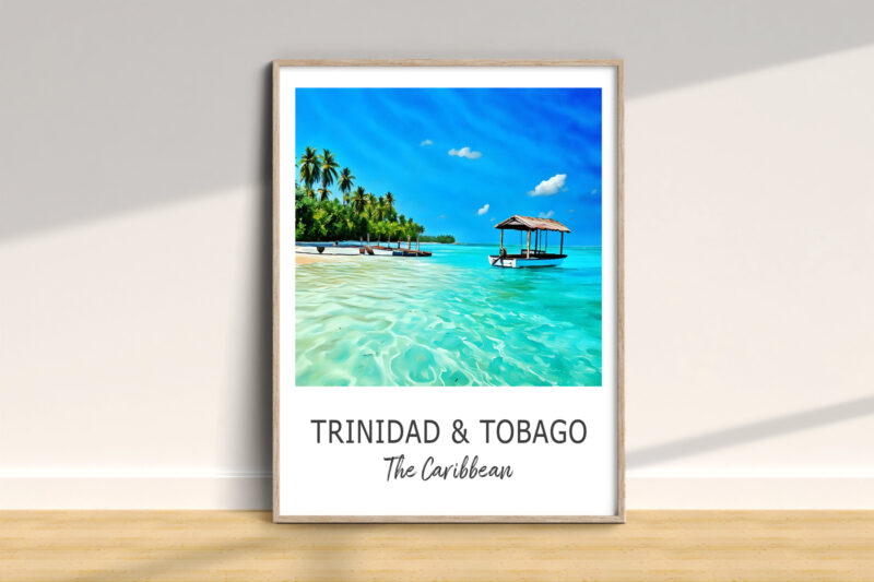 Trinidad beach poster with boat and palm trees