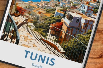 Painted Tunis cityscape with colorful houses and sea.