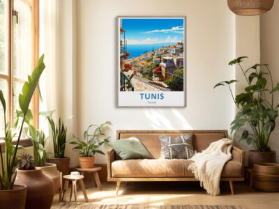 Cozy living room with Tunis poster on wall.