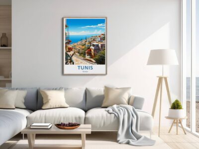 Cozy living room with Tunis city poster