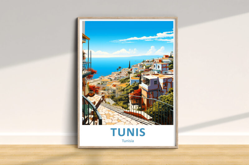 Colorful Tunis cityscape with ocean view.