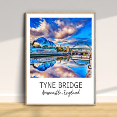 Colorful Tyne Bridge artwork, Newcastle, England reflection.