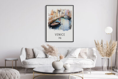 Living room with Venice artwork on wall.