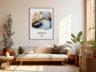Living room with Venice wall art and modern decor.