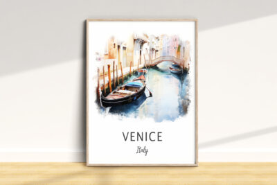 Venice canal art print with gondolas.