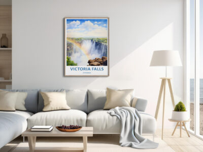 Living room with Victoria Falls artwork on wall.