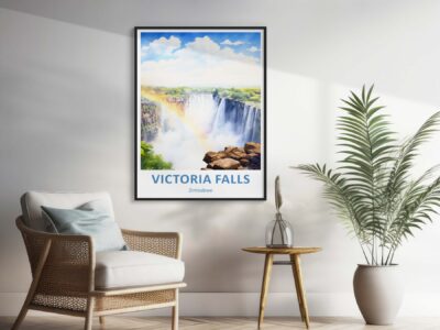 Victoria Falls poster in cozy room setting.