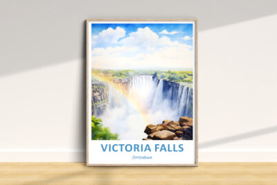Victoria Falls poster with rainbow and cliffs.