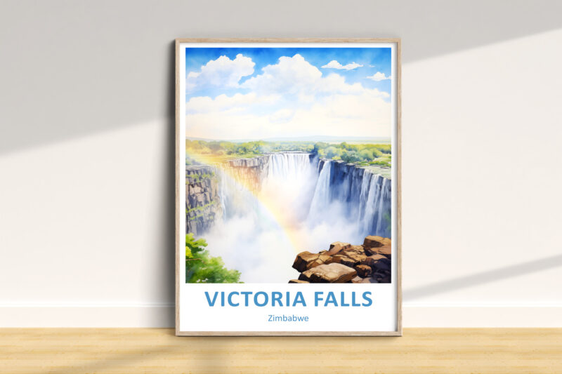 Victoria Falls poster with rainbow and cliffs.