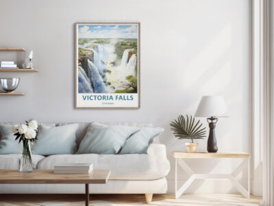 Living room with Victoria Falls poster on wall.