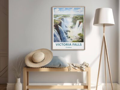 Victoria Falls poster on wall near hat and lamp.