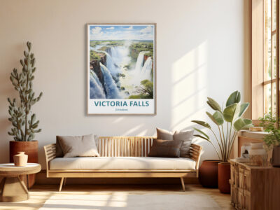 Cozy living room with Victoria Falls poster.