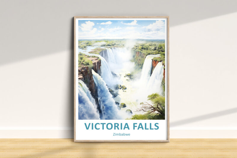 Framed Victoria Falls artwork in clean room setting.