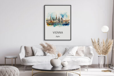 Minimalist living room with Vienna artwork