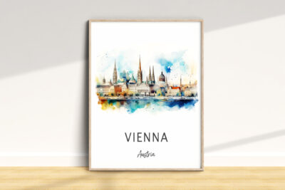 Watercolor Vienna skyline art print in wooden frame.