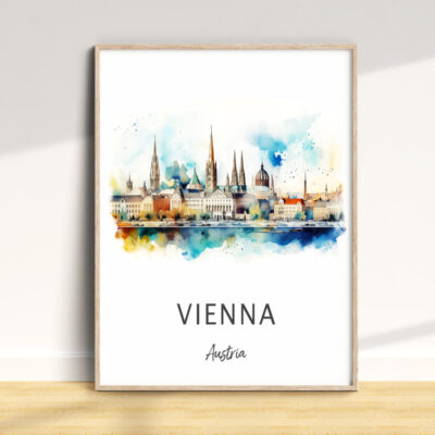 Watercolor Vienna skyline art print in wooden frame.