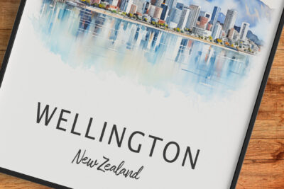 Watercolor of Wellington skyline, New Zealand