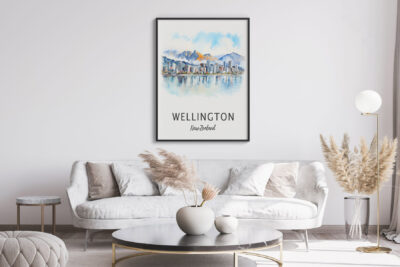 Modern living room with Wellington poster.