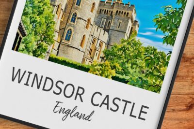 Illustration of Windsor Castle, England, with greenery.