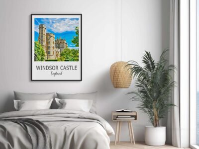 Bedroom with Windsor Castle artwork and plant