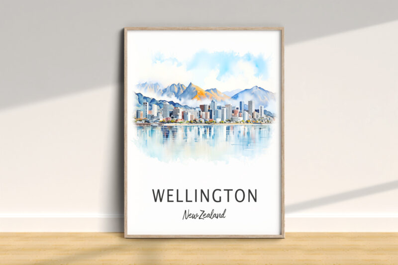 Wellington New Zealand skyline watercolor print
