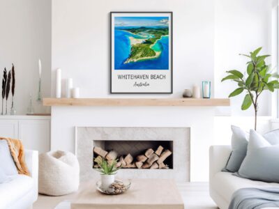 Cozy living room with Whitehaven Beach wall art.