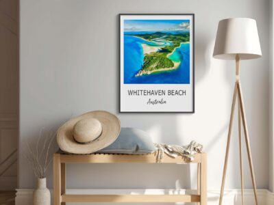 Whitehaven Beach framed photo, cozy interior setup
