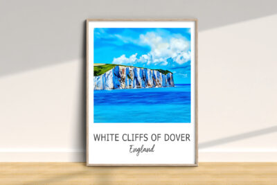 Framed painting of White Cliffs of Dover, England.